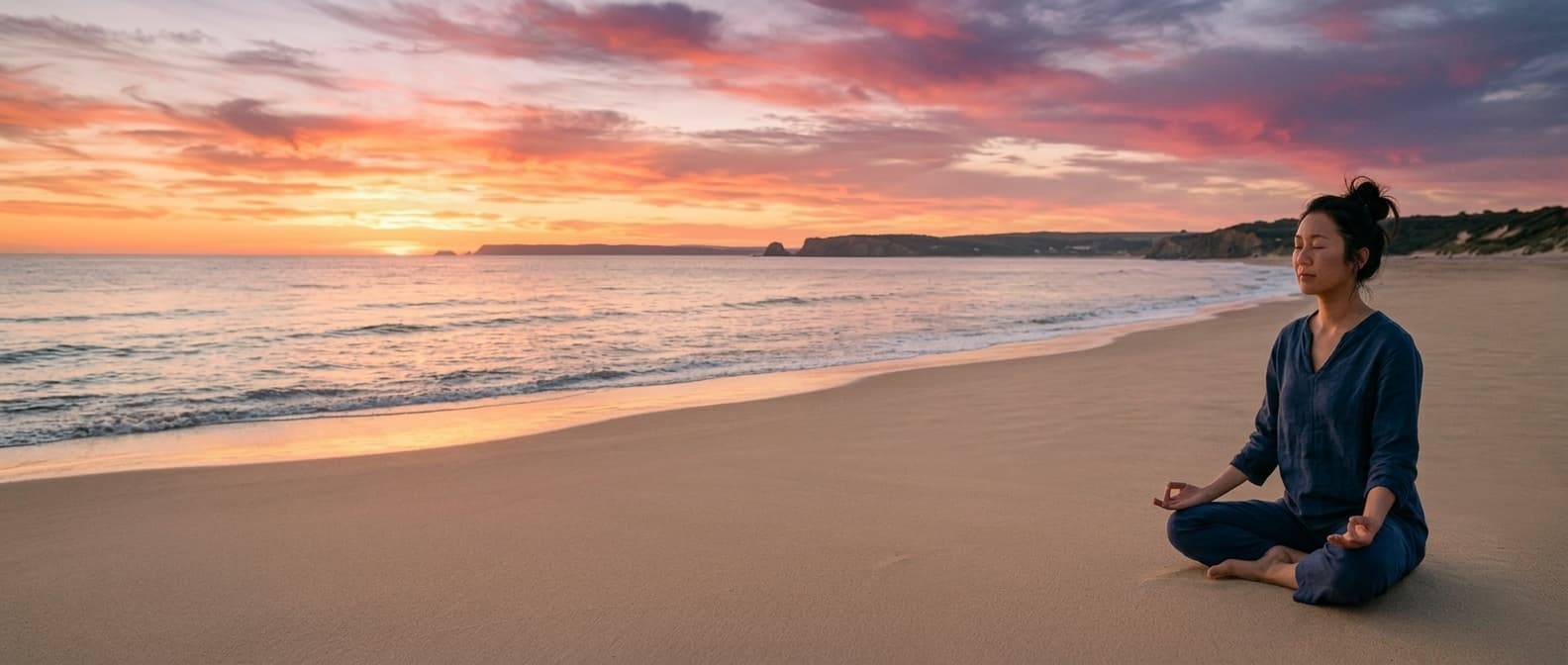 A person meditating by the sea at sunset