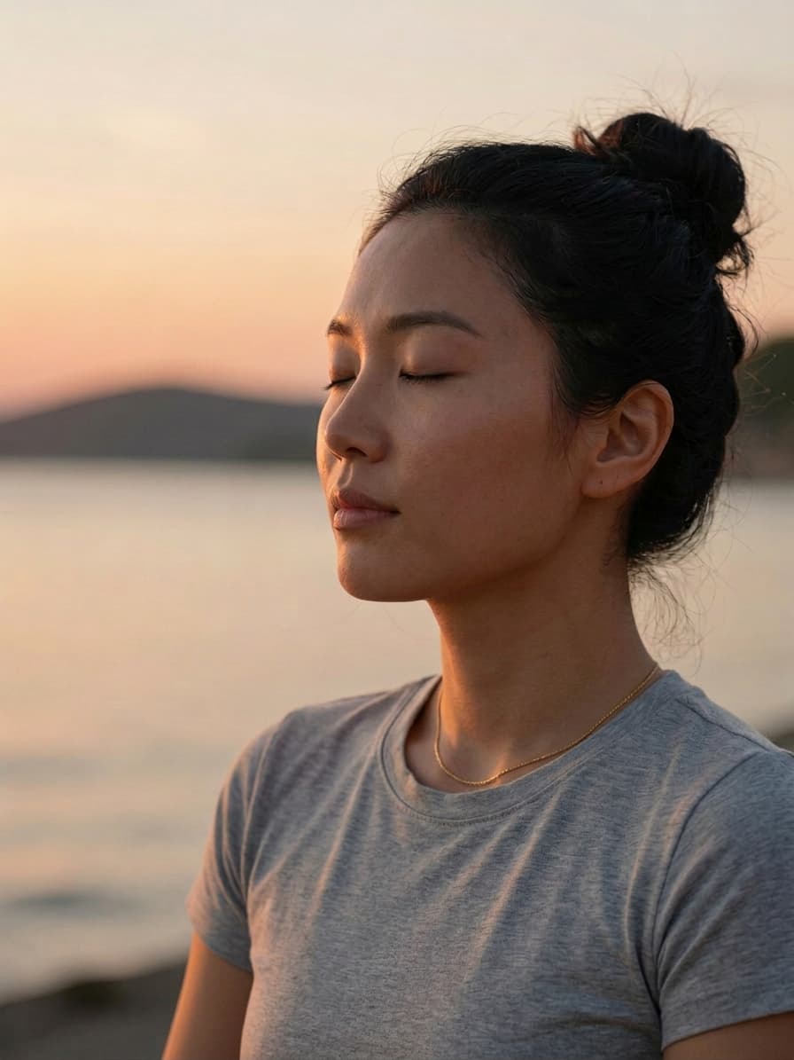 A person taking a quiet breath beside the sea