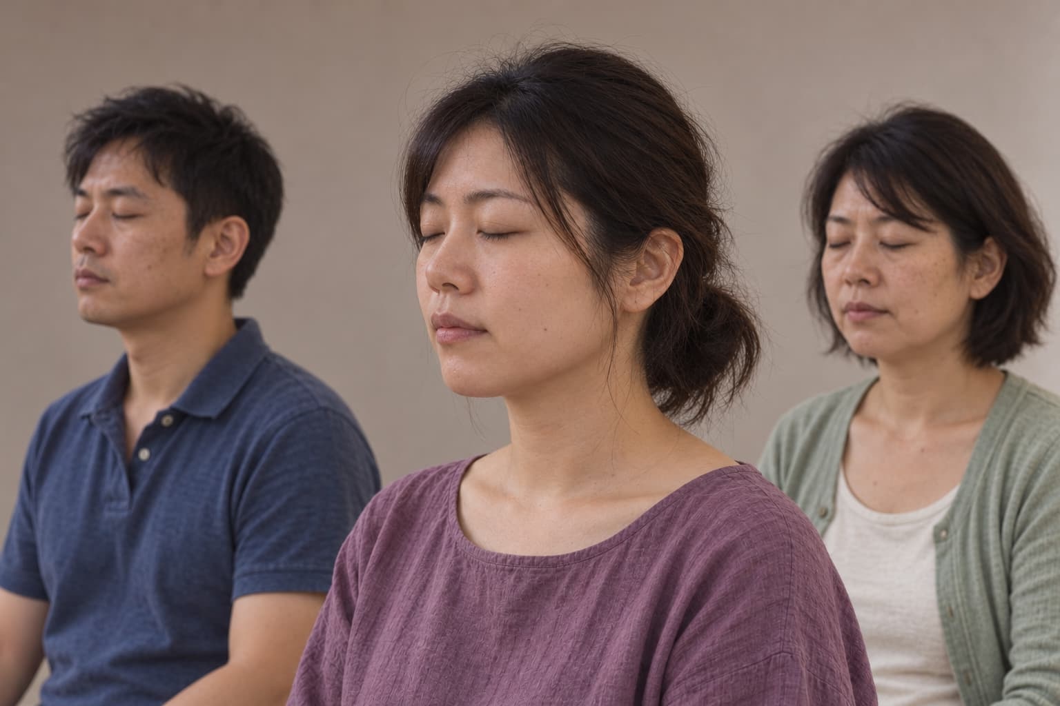 Three people meditating quietly indoors